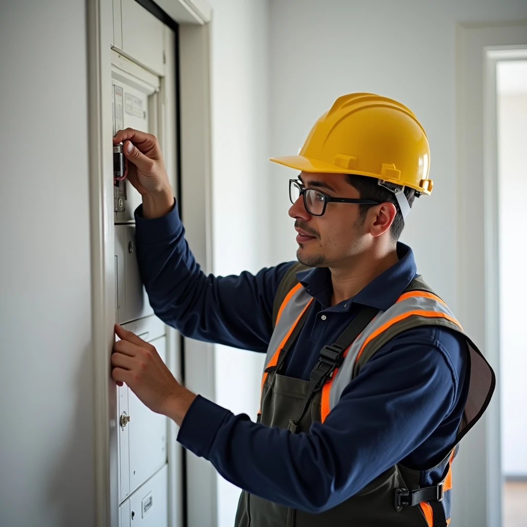 Técnico revisando un tablero eléctrico en una vivienda